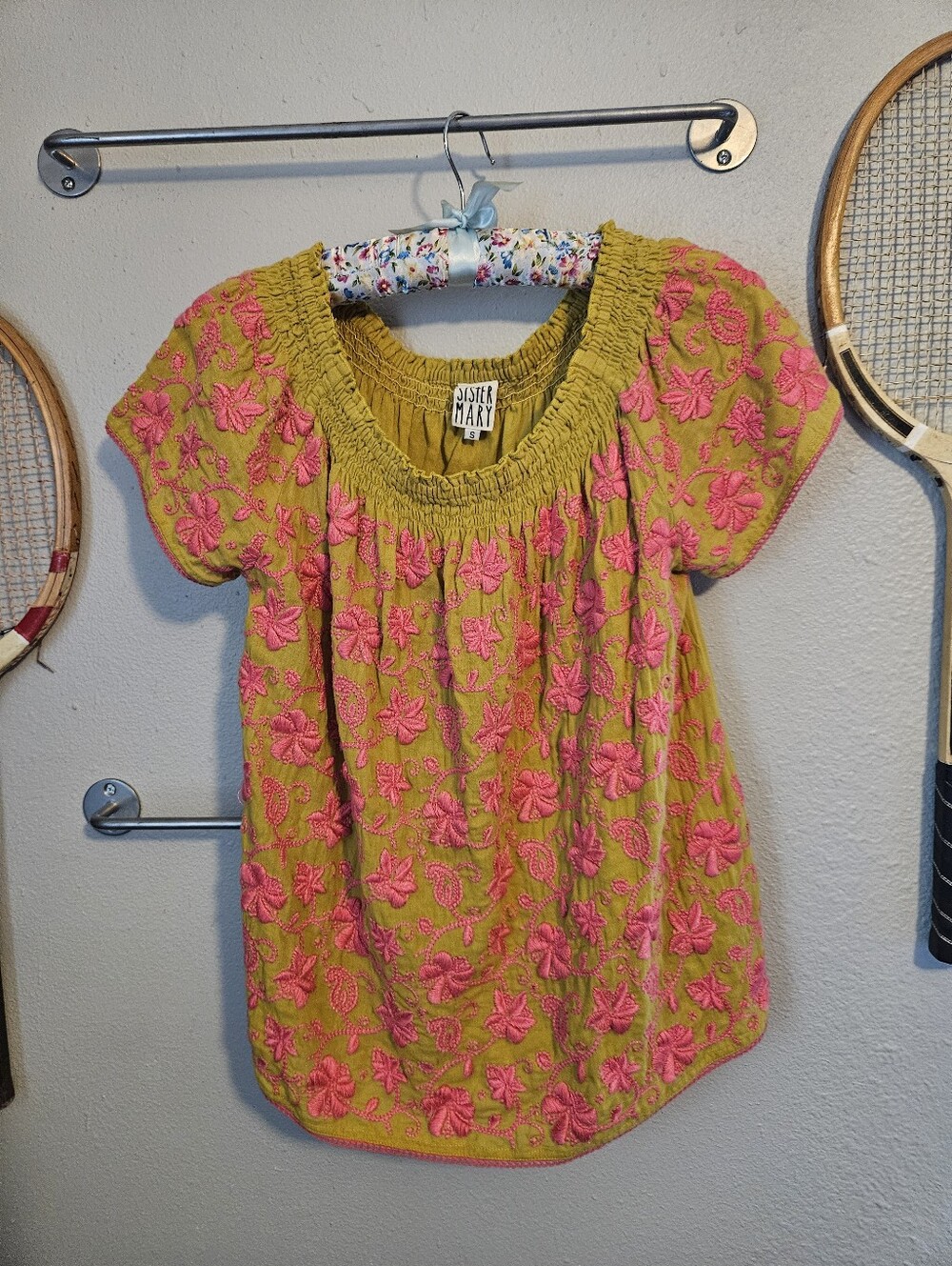 Sister Mary | Pink Mustard Yellow embroidered floral off the shoulder blouse S